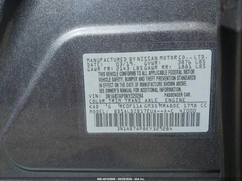 2019 NISSAN SENTRA SV