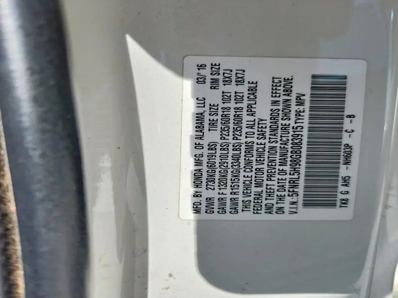 2016 HONDA ODYSSEY TOURING  