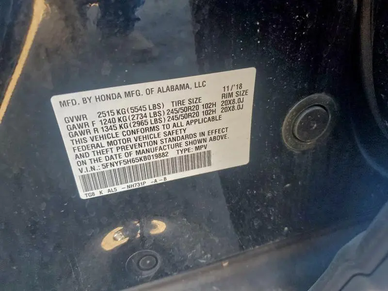 2019 HONDA PILOT TOURING  