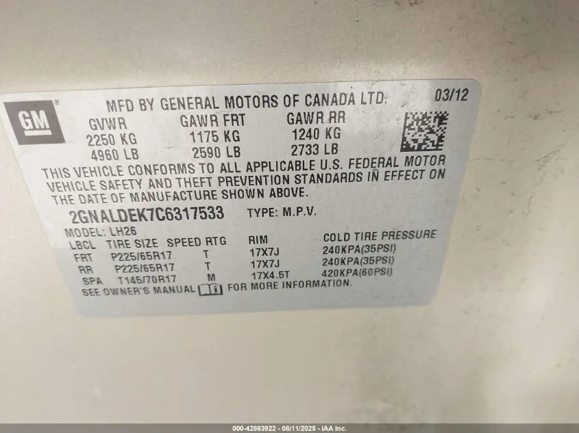 2012 CHEVROLET EQUINOX 1LT