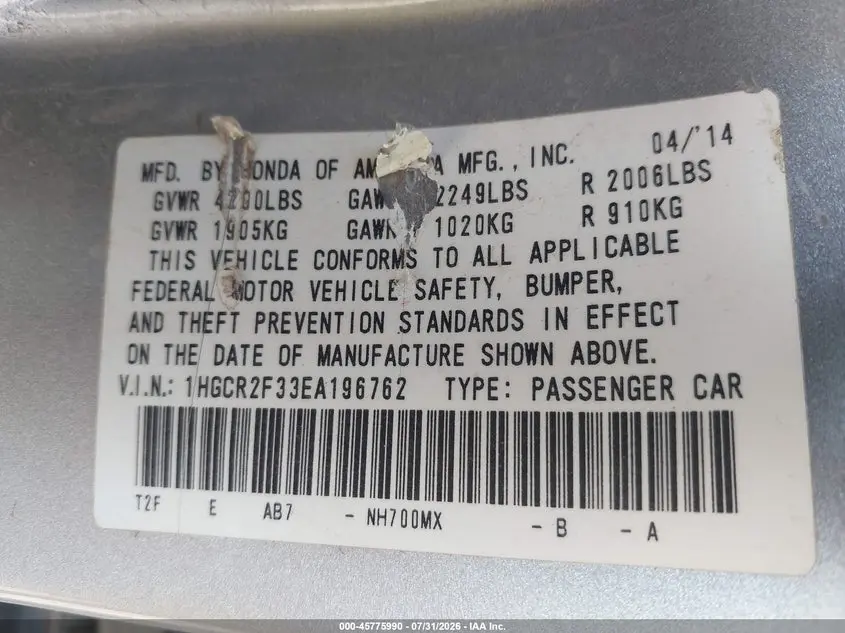 2014 HONDA ACCORD LX