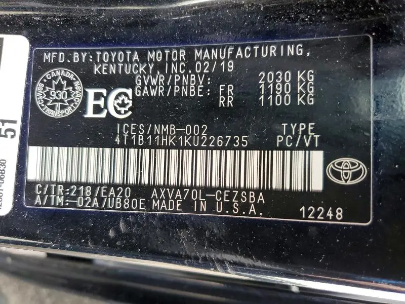 2019 TOYOTA CAMRY L  