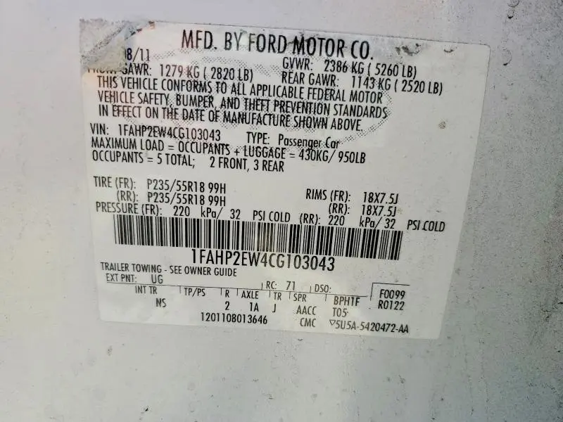 2012 FORD TAURUS SEL  