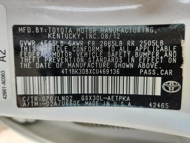 2012 TOYOTA AVALON BASE  