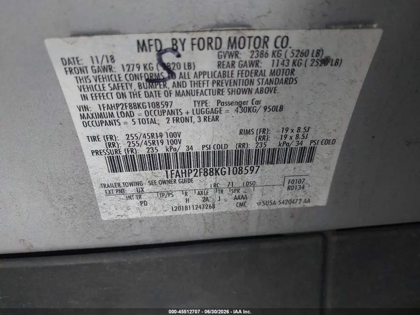 2019 FORD TAURUS LIMITED