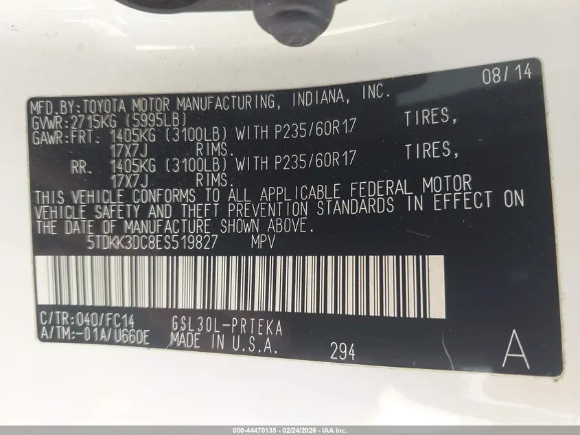 2014 TOYOTA SIENNA LE V6 8 PASSENGER