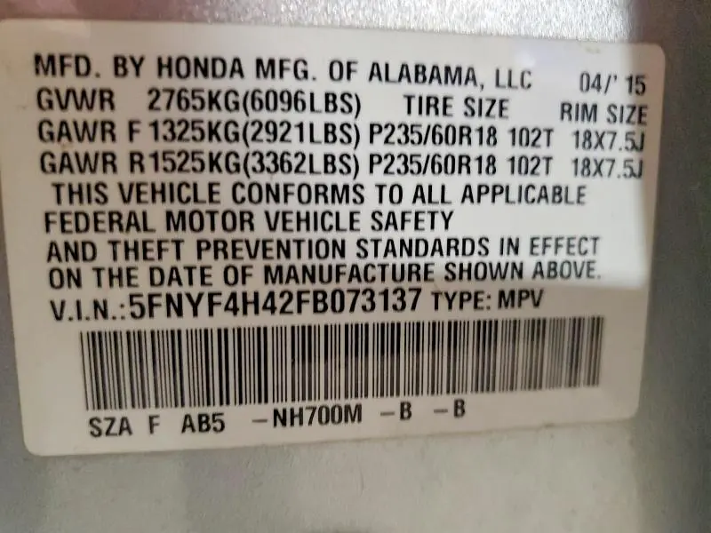 2015 HONDA PILOT EX  