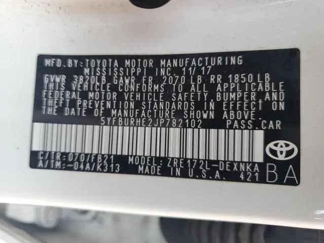2018 TOYOTA COROLLA L  