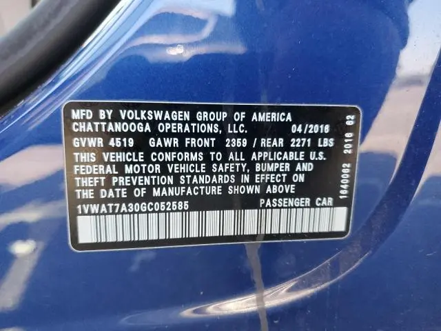 2016 VOLKSWAGEN PASSAT S  