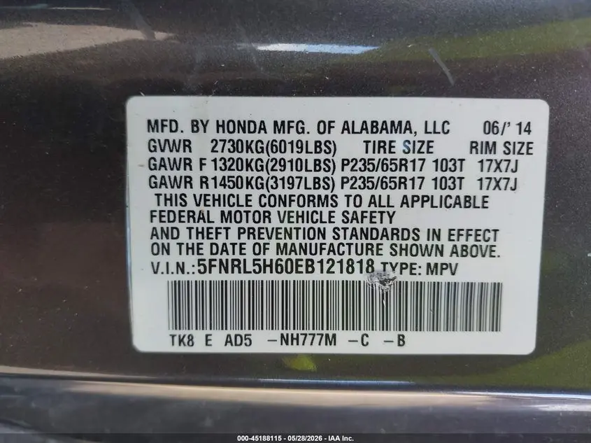 2014 HONDA ODYSSEY EX-L