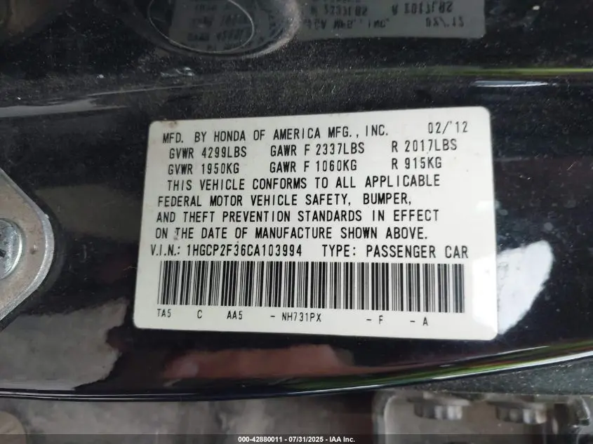 2012 HONDA ACCORD 2.4 LX