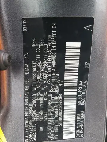 2012 TOYOTA SIENNA XLE  