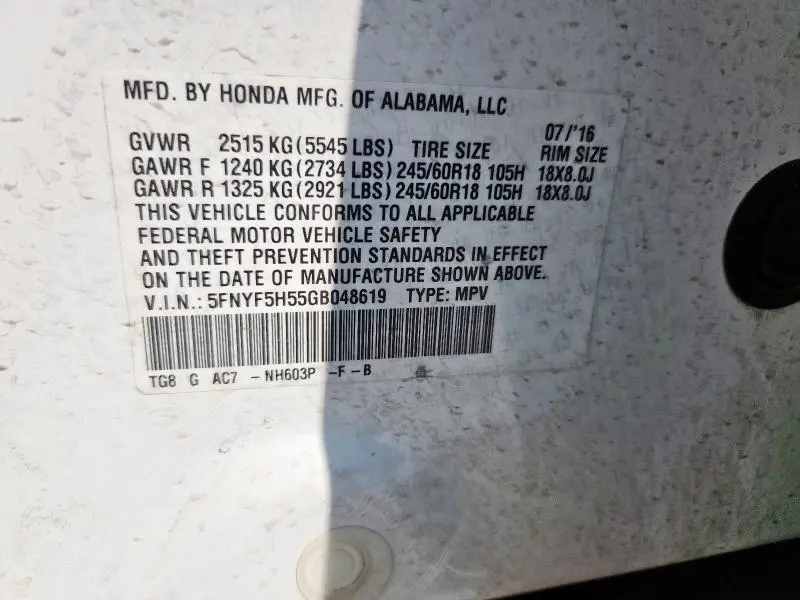 2016 HONDA PILOT EXL  