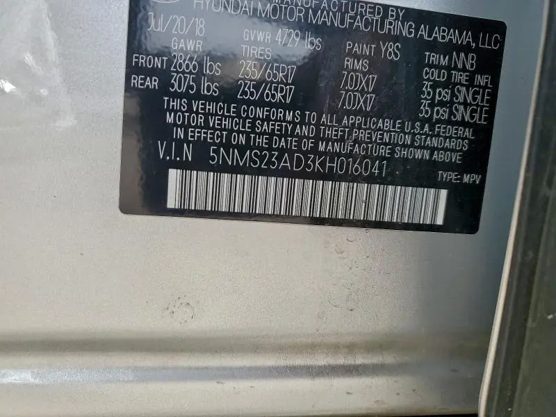 2019 HYUNDAI SANTA FE SE  