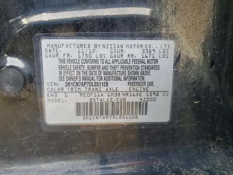 2013 NISSAN VERSA 1.6 S  