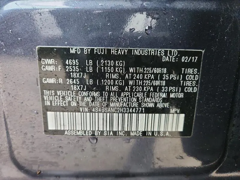 2017 SUBARU OUTBACK 2.5I LIMITED  