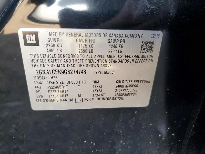 2016 CHEVROLET EQUINOX LT  