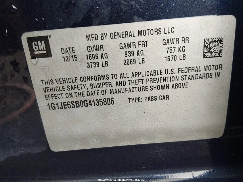2016 CHEVROLET SONIC LTZ AUTO