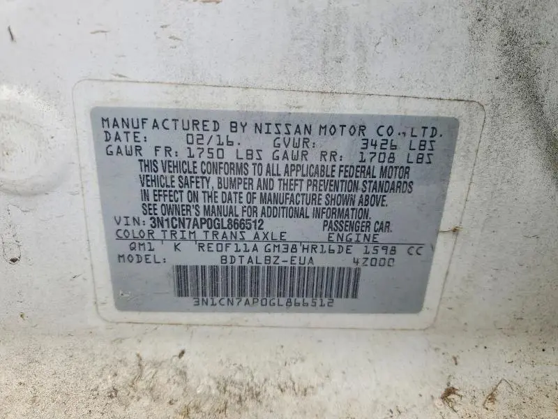 2016 NISSAN VERSA 1.6 SV  