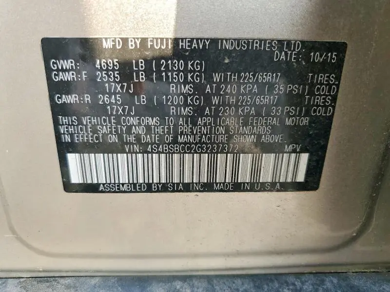 2016 SUBARU OUTBACK 2.5I PREMIUM  