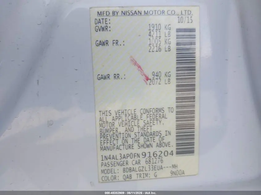 2015 NISSAN ALTIMA 2.5 S