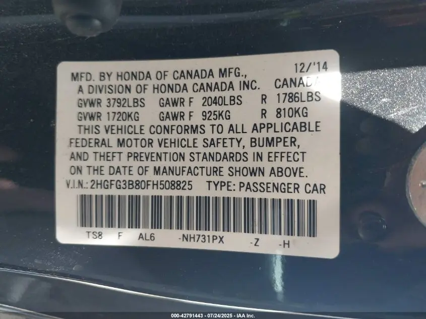 2015 HONDA CIVIC EX