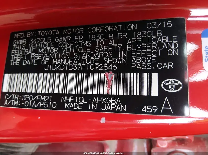 2015 TOYOTA PRIUS C THREE