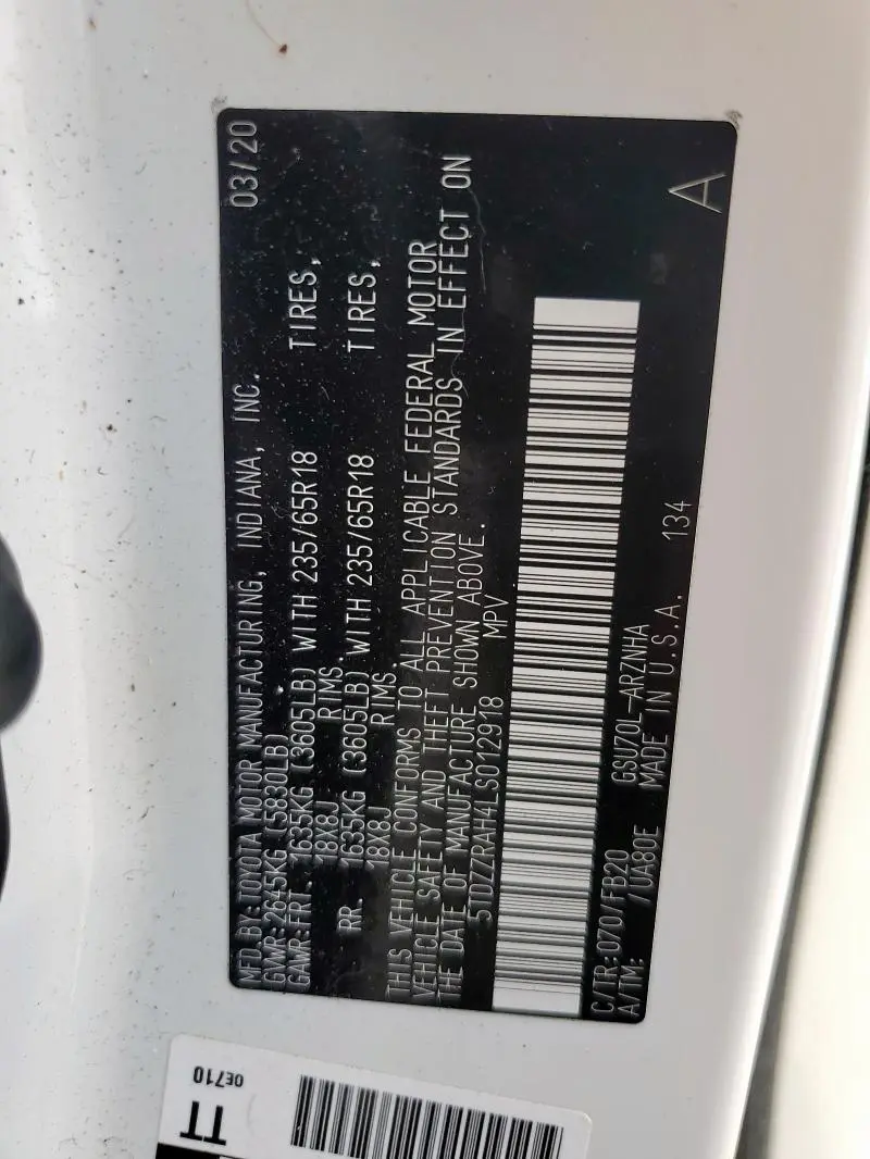 2020 TOYOTA HIGHLANDER L  