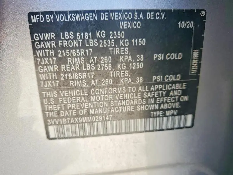 2021 VOLKSWAGEN TIGUAN S  