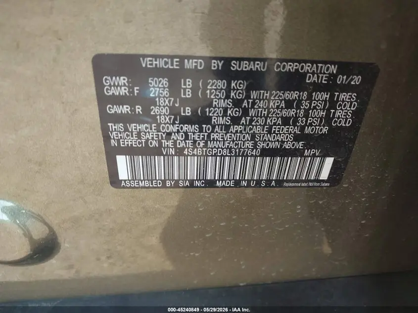 2020 SUBARU OUTBACK TOURING XT