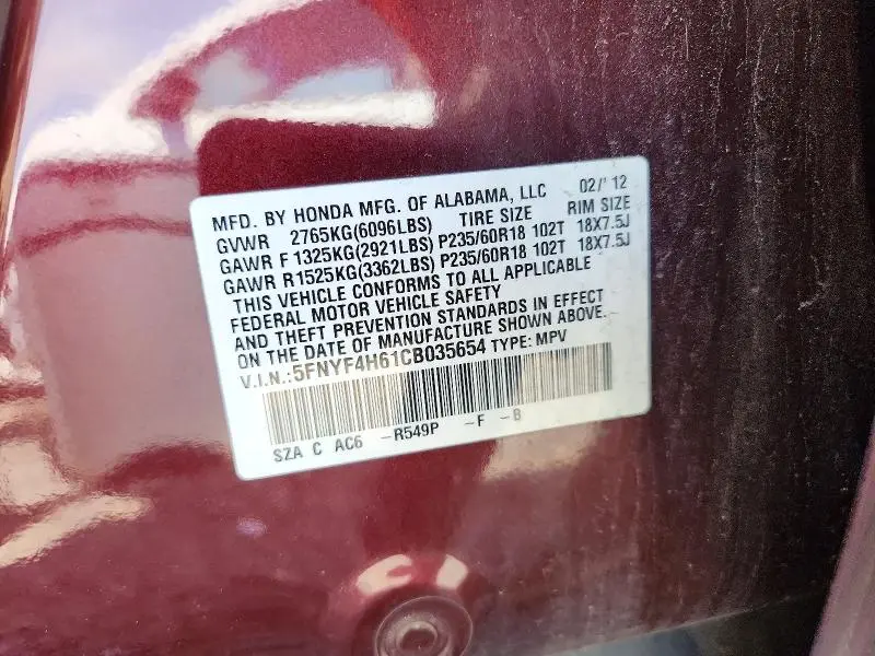 2012 HONDA PILOT EXL  