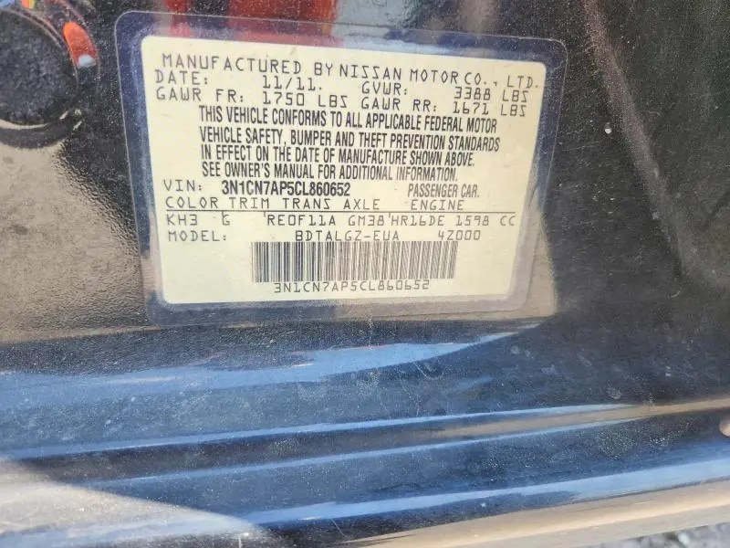 2012 NISSAN VERSA 1.6 S  