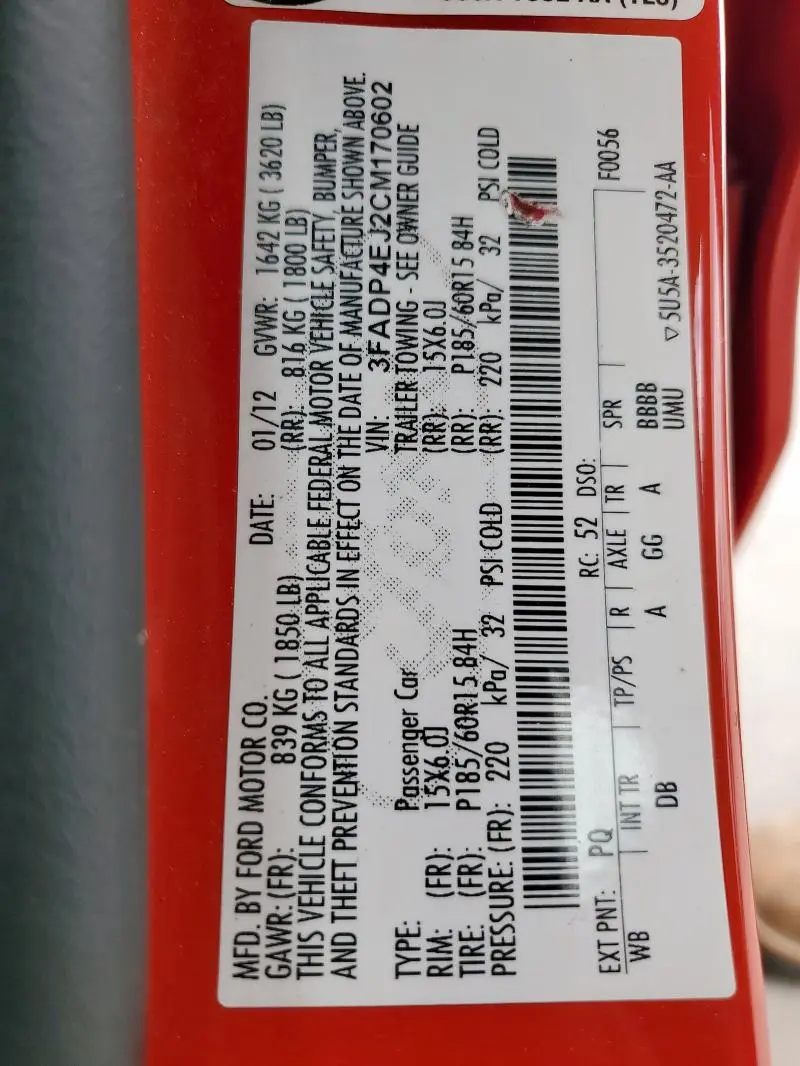 2012 FORD FIESTA SE  