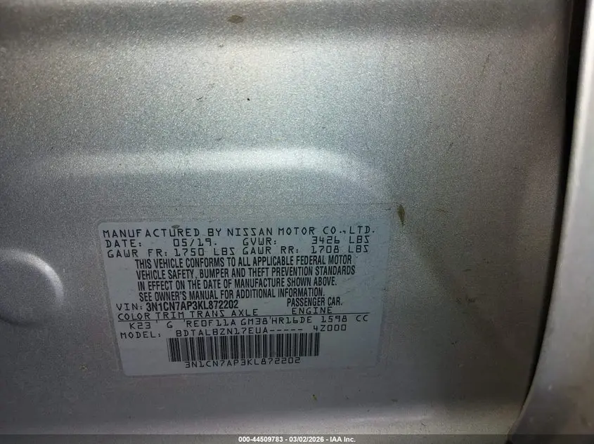 2019 NISSAN VERSA 1.6 SV