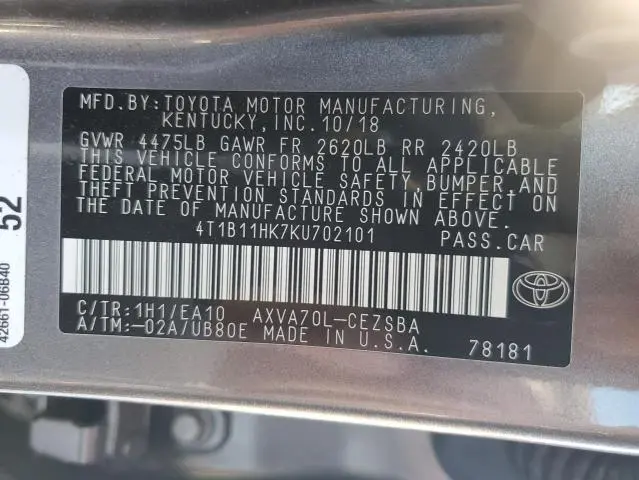 2019 TOYOTA CAMRY L  