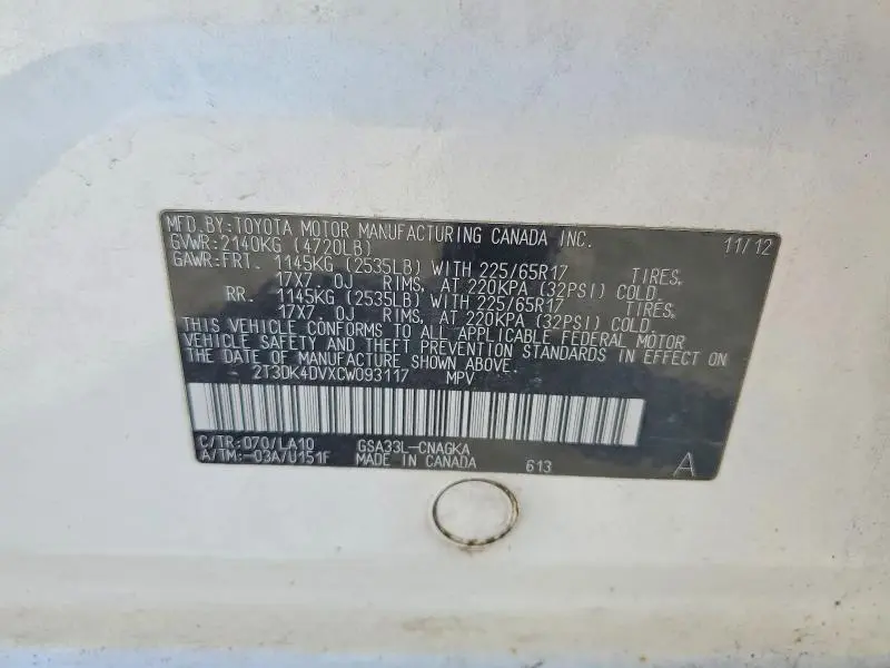 2012 TOYOTA RAV4 LIMITED  