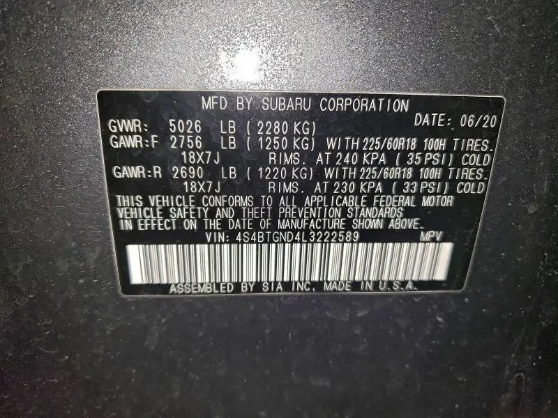 2020 SUBARU OUTBACK LIMITED XT  