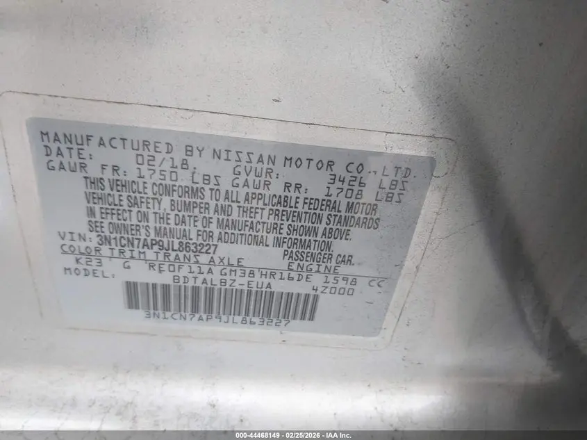 2018 NISSAN VERSA 1.6 SV