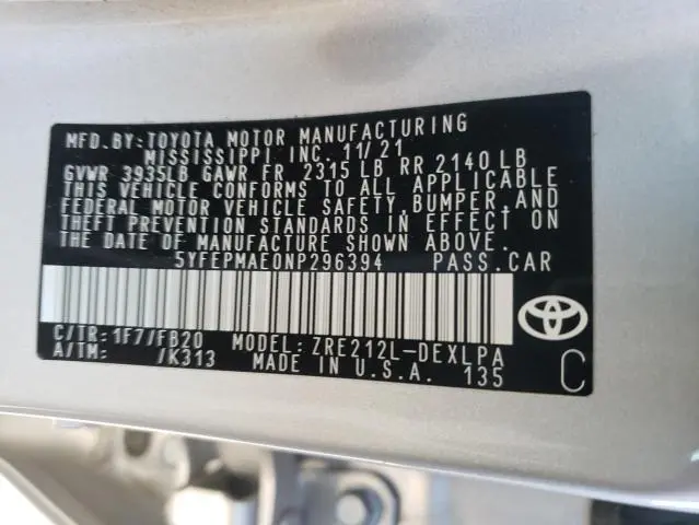 2022 TOYOTA COROLLA LE