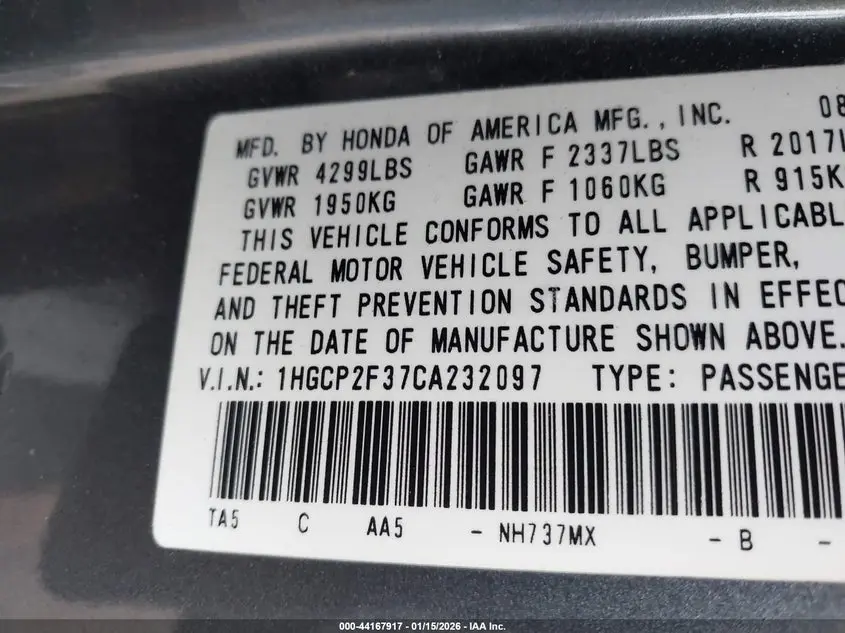 2012 HONDA ACCORD 2.4 LX