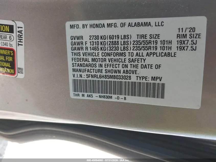 2021 HONDA ODYSSEY TOURING