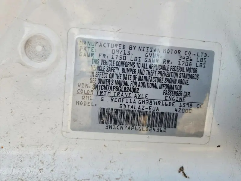 2016 NISSAN VERSA 1.6 S PLUS  