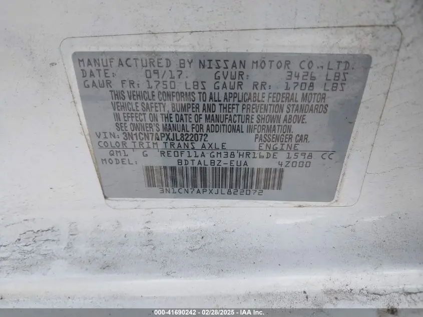 2018 NISSAN VERSA 1.6 SV