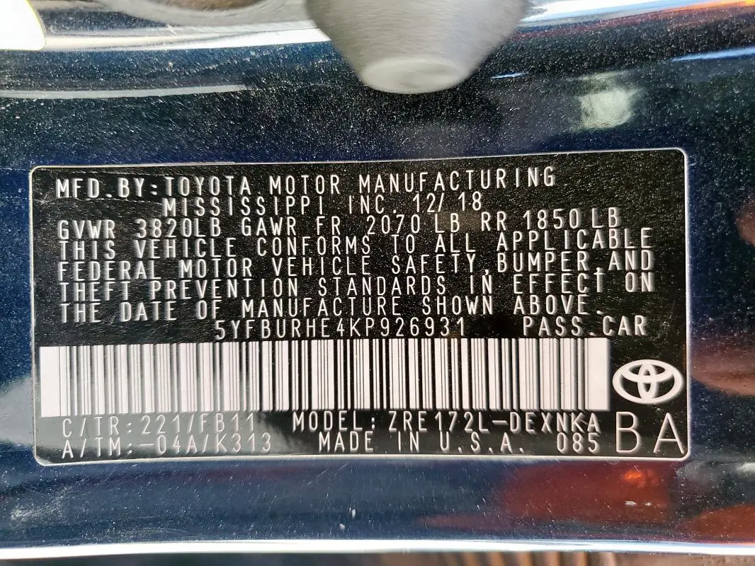 2019 TOYOTA COROLLA L  