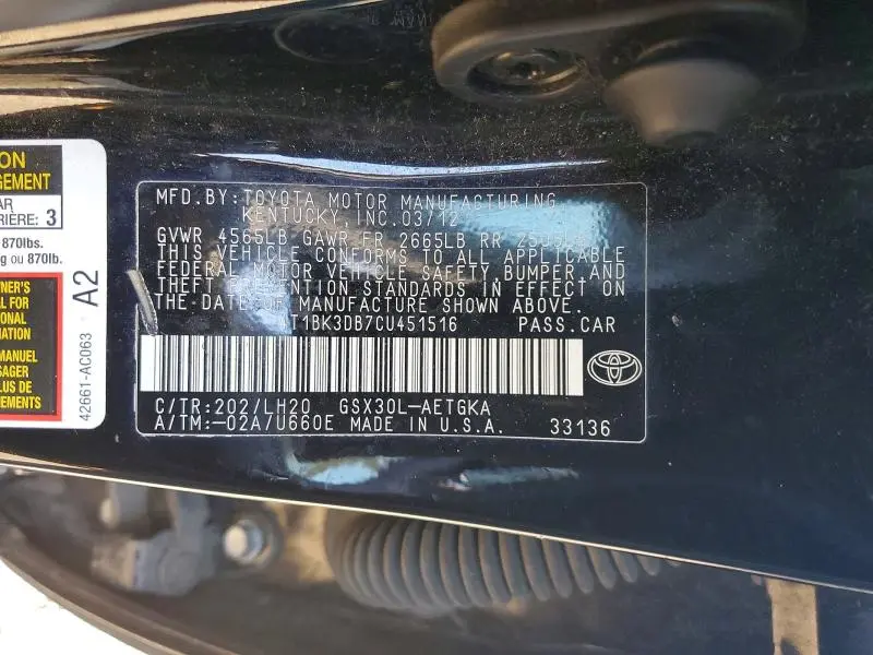 2012 TOYOTA AVALON BASE  