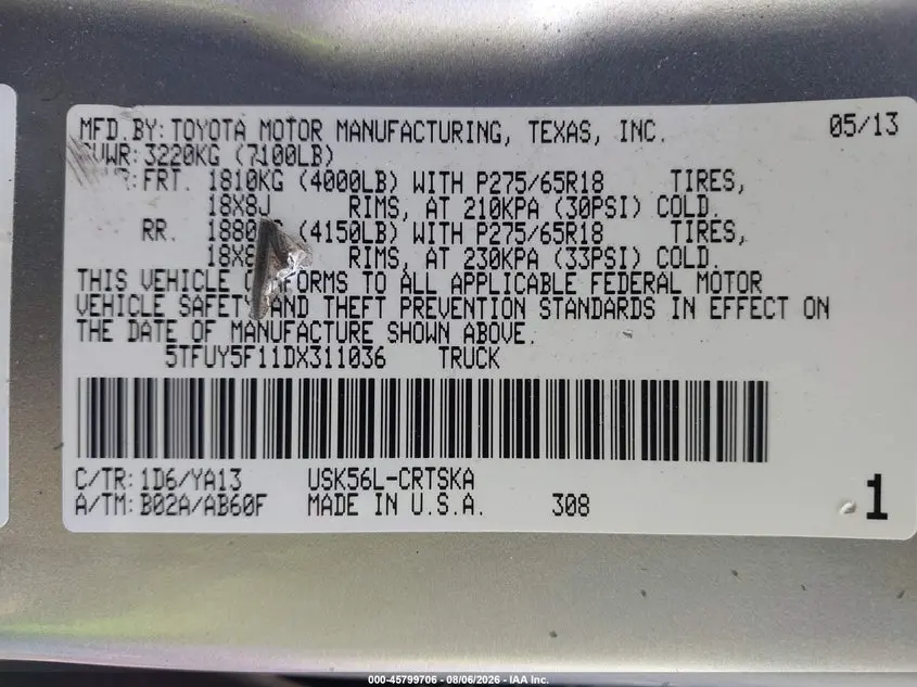 2013 TOYOTA TUNDRA GRADE 5.7L V8