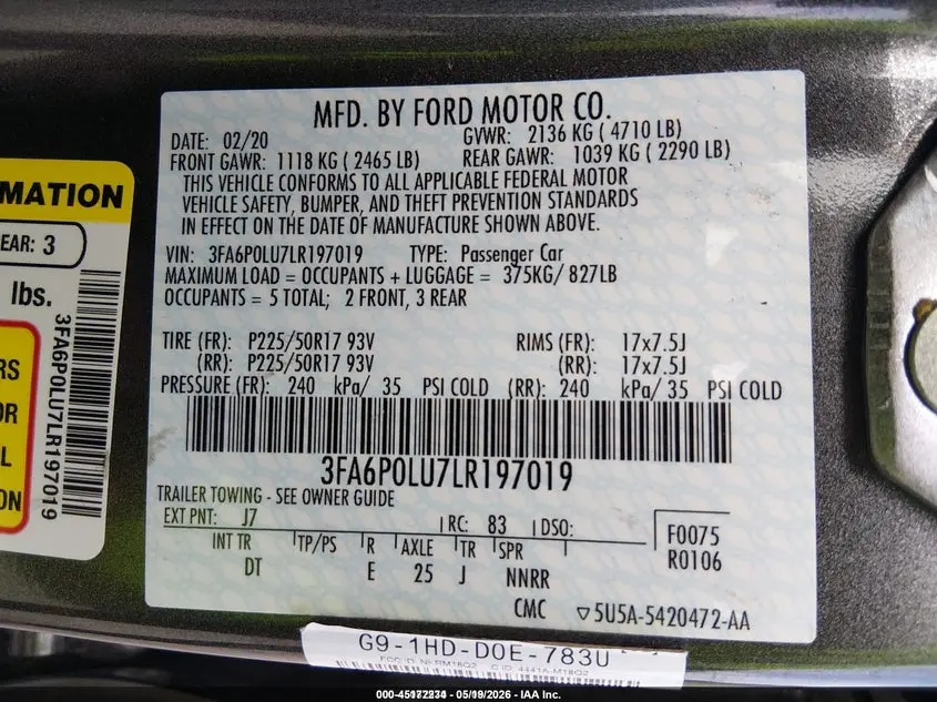 2020 FORD FUSION HYBRID SE