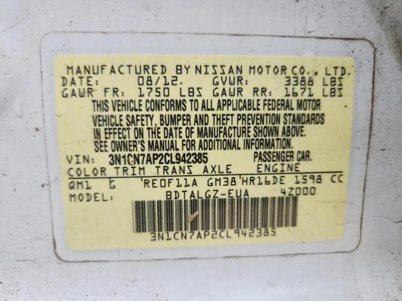 2012 NISSAN VERSA 1.6 S  