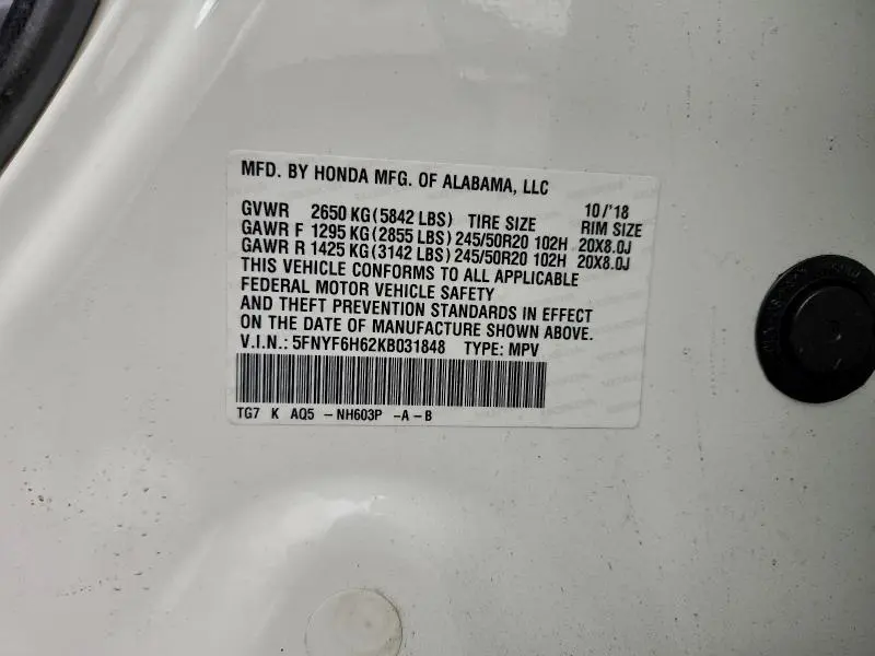 2019 HONDA PILOT TOURING  