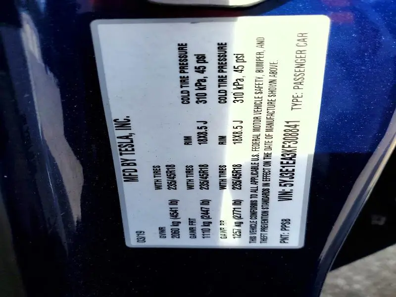 2019 TESLA MODEL 3   